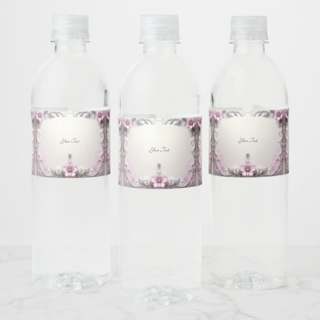 Pink Floral Frame Water Bottle Label (Flaschen)