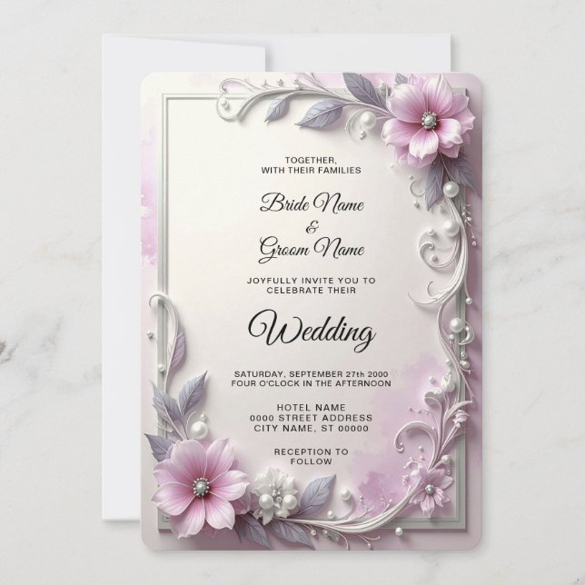 Pink Floral Frame Wedding Invitation (Devant)