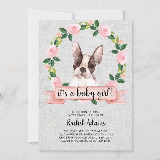 Pink Floral French Bull Dog Babydusche Einladung (Vorderseite)
