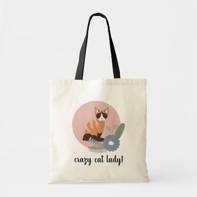 Pink Floral Fun Niedlich Crazy Cat Lady Tragetasche (Vorne)