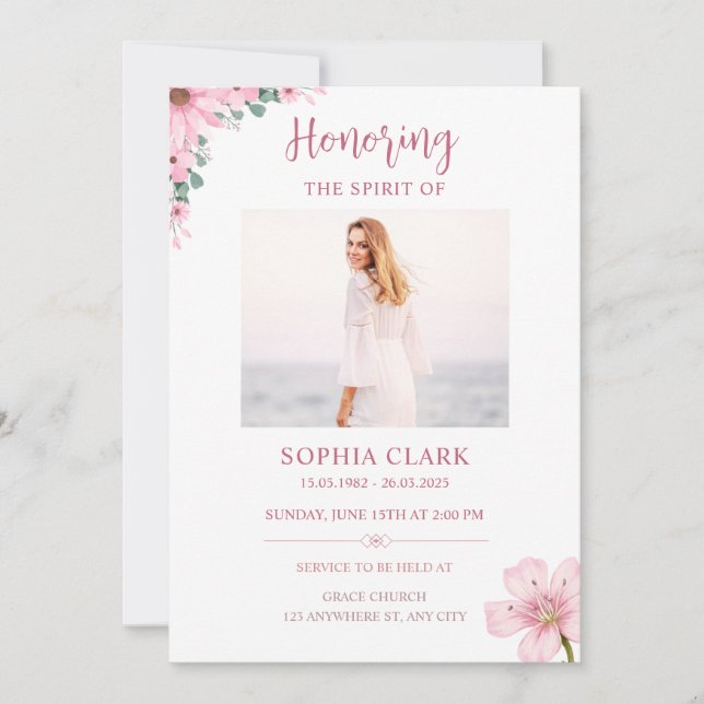 Pink Floral Funeral Invitation Celebration of Life Einladung (Vorderseite)