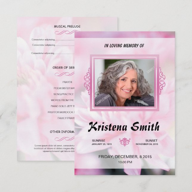 Pink Floral Funeral Program Card Template Einladung (Vorne/Hinten)