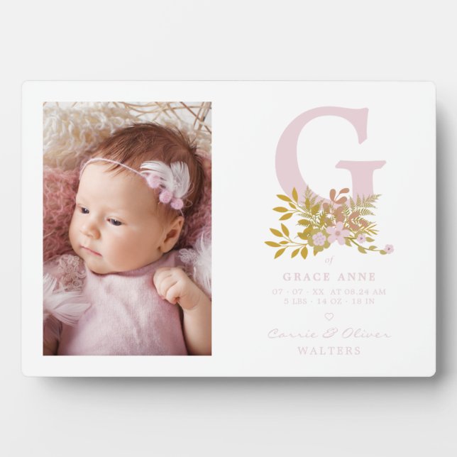 Pink Floral Garland Initial Baby Name Fotoplatte (Vorderseite)