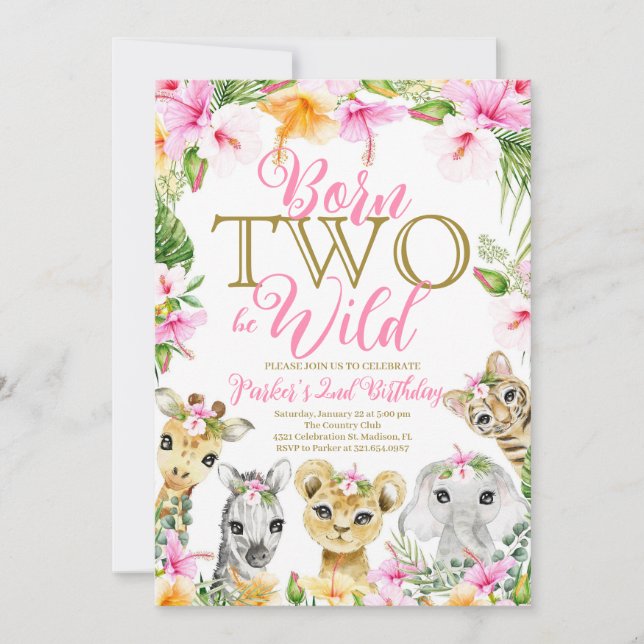 Pink Floral Geboren Two be Wild Jungle Birthday Gi Einladung (Vorderseite)