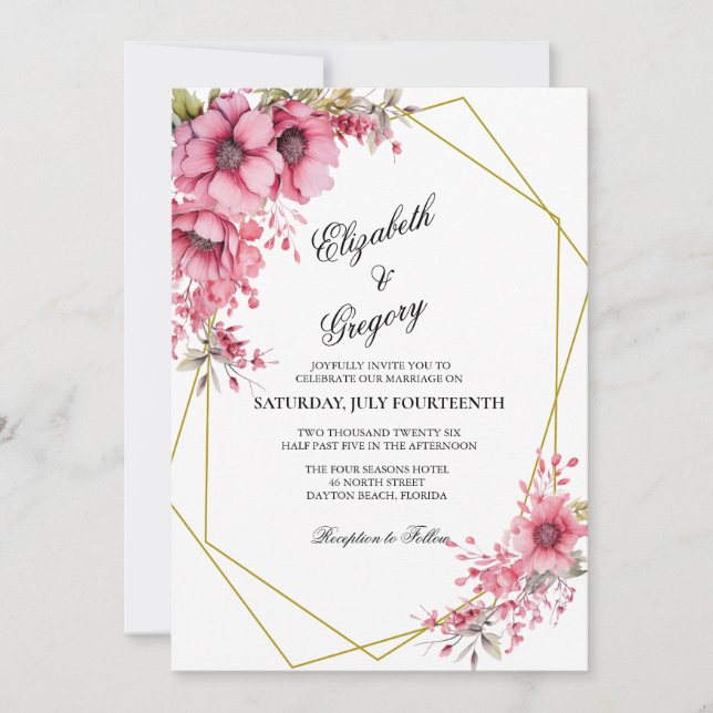 Pink Floral Geometric Wedding Invitation Einladung (Vorderseite)