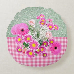 Pink Floral & Gingham Soft Green Imitats Glitzer Rundes Kissen