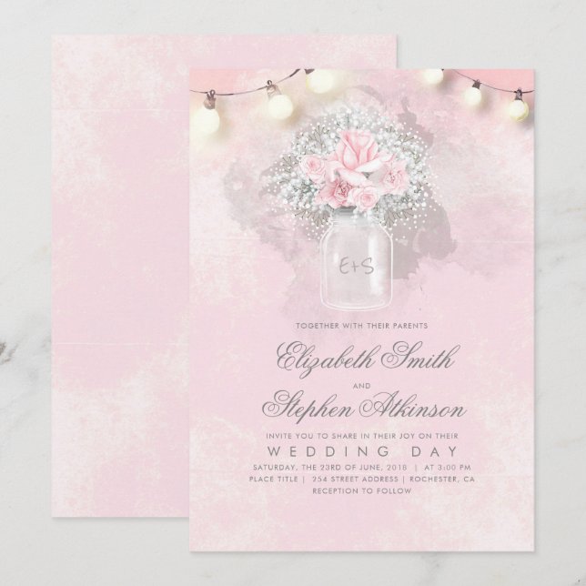 Pink Floral Gipskraut Mason Jar Rustikale Hochzeit Einladung (Vorne/Hinten)