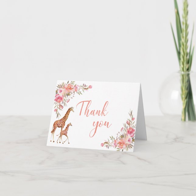 Pink Floral Giraffe Danke Karte (Vorderseite)
