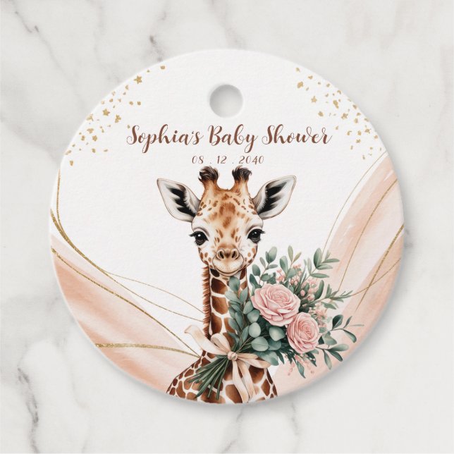 Pink Floral Giraffe Safari Baby Dusche Geschenkanhänger (Vorderseite)