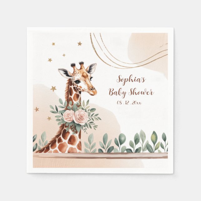 Pink Floral Giraffe Safari Baby Dusche Serviette (Vorderseite)