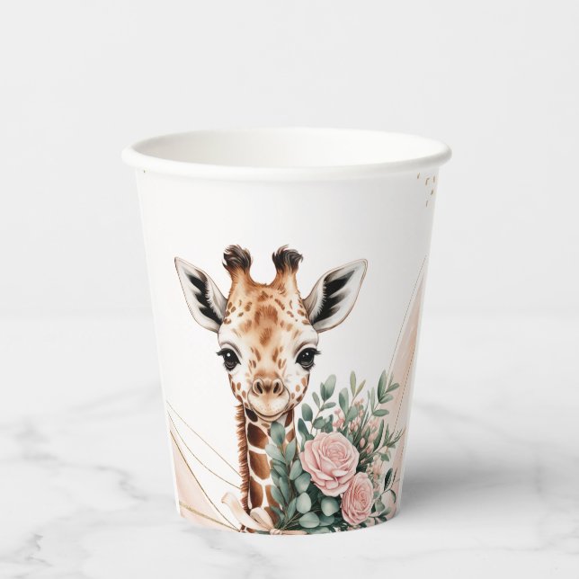 Pink Floral Giraffe Safari Baby Shower Paper Cup Pappbecher (Vorderseite)