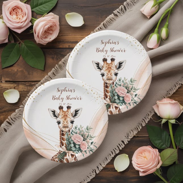 Pink Floral Giraffe Safari Baby Shower Paper Plaka Pappteller (Von Creator hochgeladen)