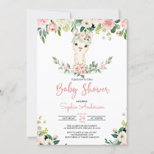 Pink Floral Girl Alpaca Llama Babydusche Einladung