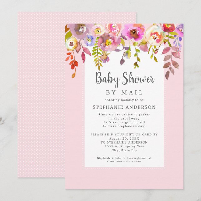 Pink Floral Girl Baby Dusche per Post Einladung (Vorne/Hinten)