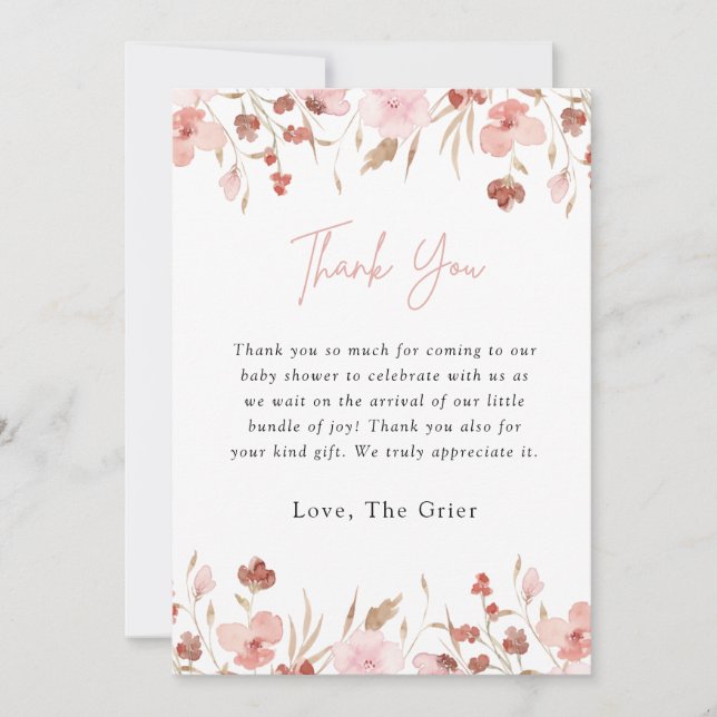 Pink Floral Girl Babydusche Danke Karte (Vorderseite)