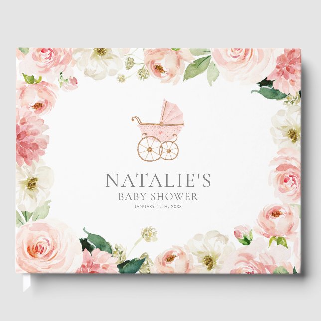 Pink Floral Girl Babydusche Gästebuch (Vorderseite)