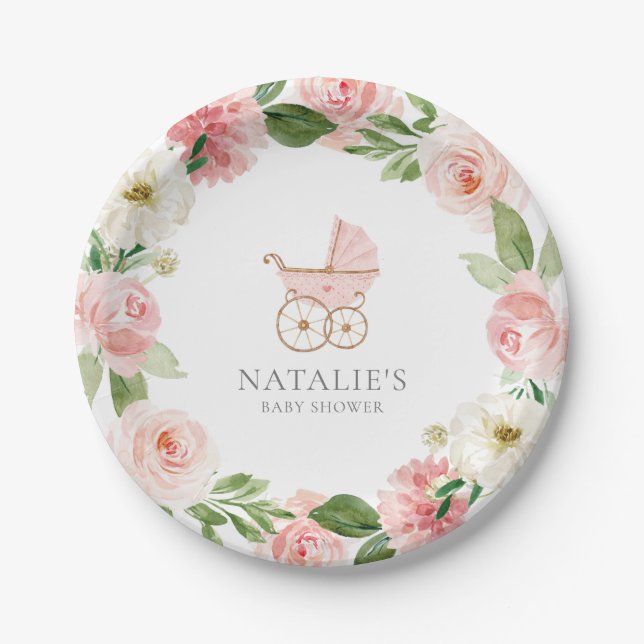 Pink Floral Girl Babydusche Papierplatte Pappteller (Vorderseite)