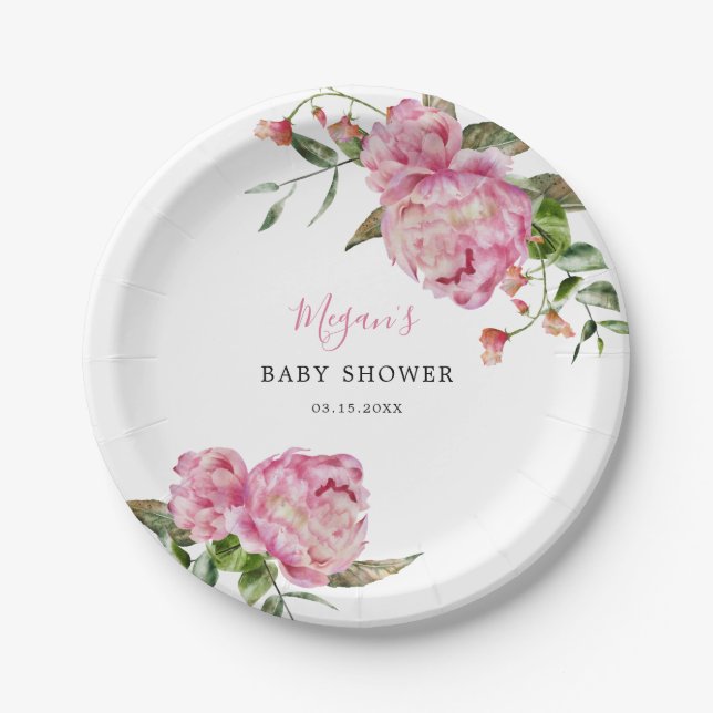 Pink Floral Girl Babydusche Pappteller (Vorderseite)