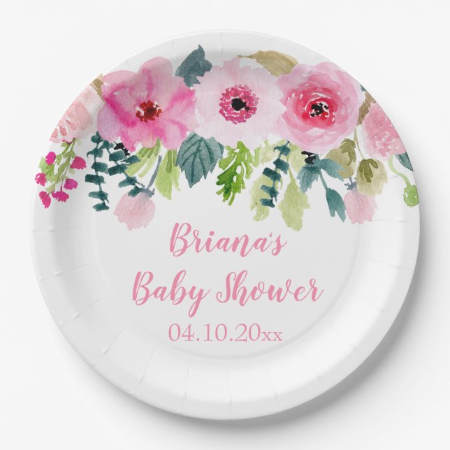Pink Floral Girl Babydusche Pappteller (Vorderseite)