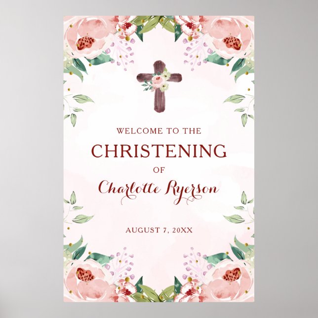 Pink Floral Girl Christening Welcome Poster (Vorne)