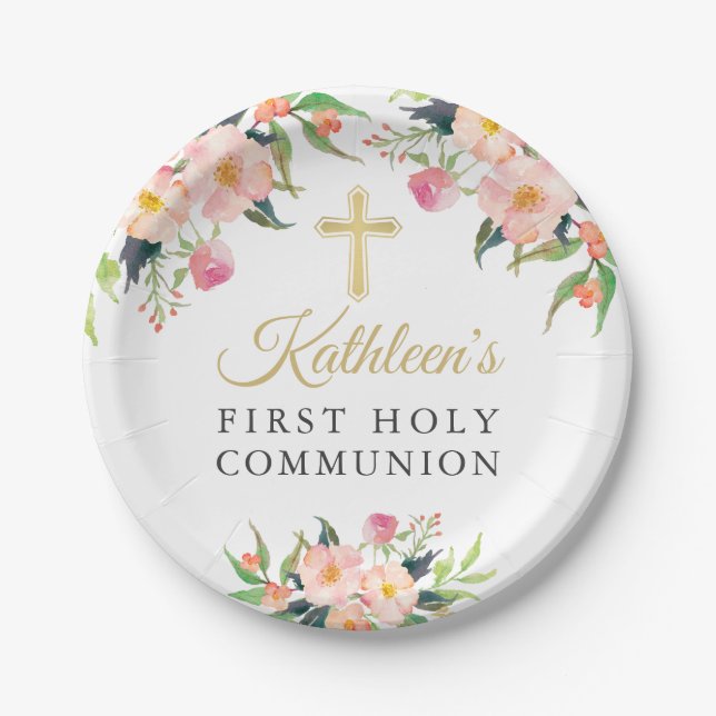 Pink Floral Girl Erste Heilige Kommune Pappteller (Vorderseite)