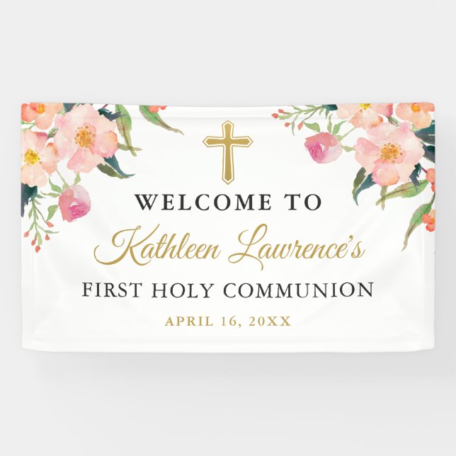 Pink Floral Girl First Heilige Kommunion Banner (Horizontal)