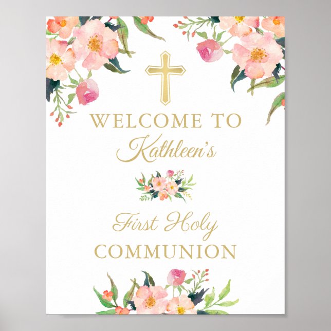 Pink Floral Girl First Holy Communion Welcome Sign Poster (Vorne)