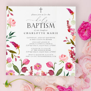 Pink Floral Girl Heilige Taufe Wasserfarben Blume Einladung