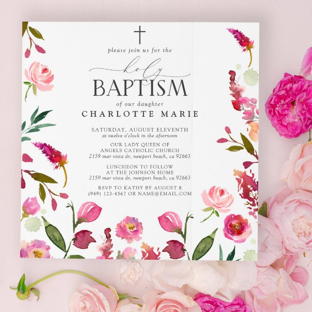 Pink Floral Girl Heilige Taufe Wasserfarben Blume Einladung (Holy Baptism Invitations!)
