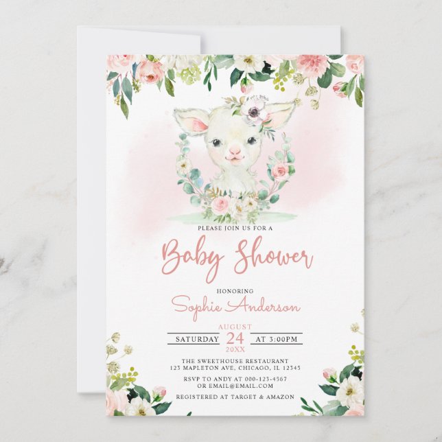 Pink Floral Girl Lamb Baby Dusche Einladung (Vorderseite)