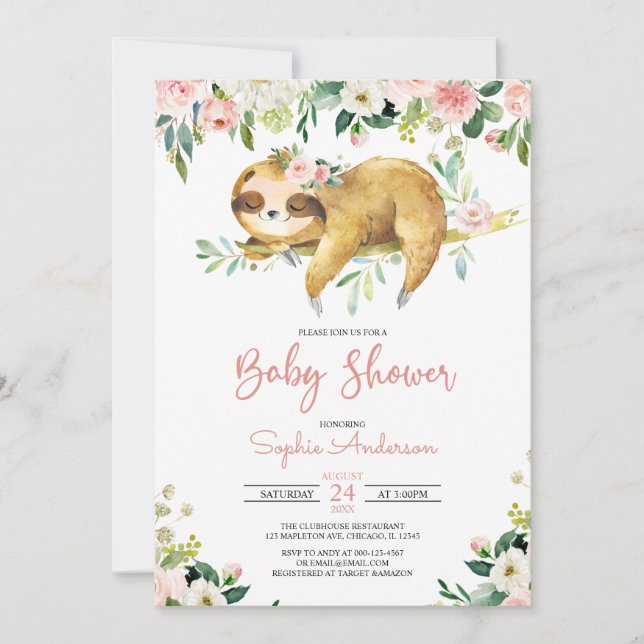 Pink Floral Girl Niedlich Sloth Baby Dusche Einlad Einladung (Vorderseite)