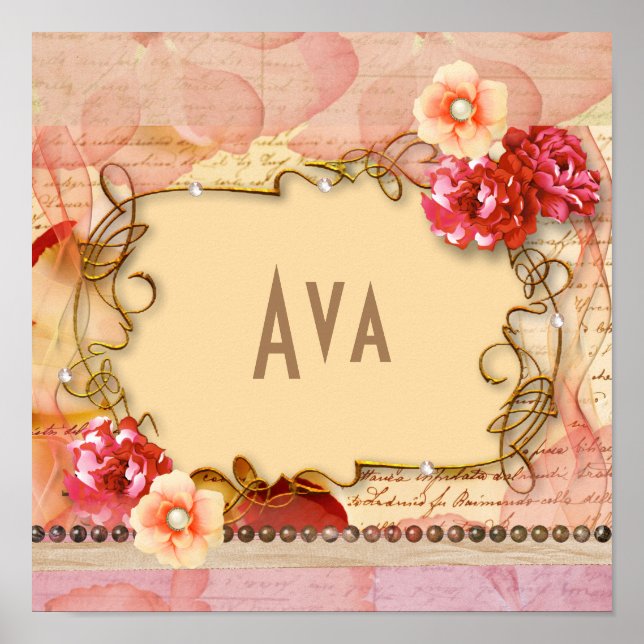 Pink Floral Girl Personalisiert Name Monogram Poster (Vorne)