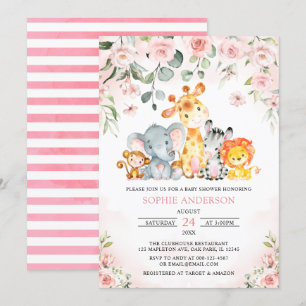 Pink Floral Girl Safari Jungle Animals Baby Dusche Einladung