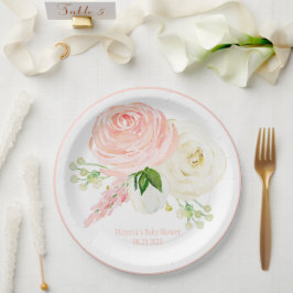 Pink Floral Girl Wasserfarbe Name Baby Dusche Pappteller