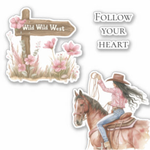 Pink Floral Girl Wild West Girl Aufkleber