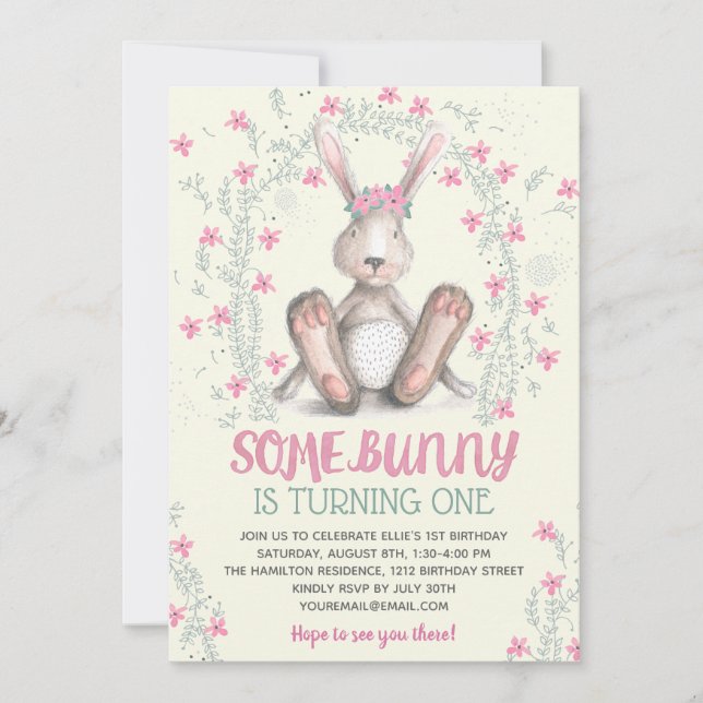 Pink Floral Girls Bunny Birthday Party Einladung (Vorderseite)