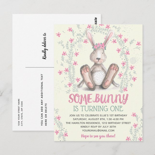 Pink Floral Girls Bunny Birthday Party Einladung Postkarte (Vorne/Hinten)