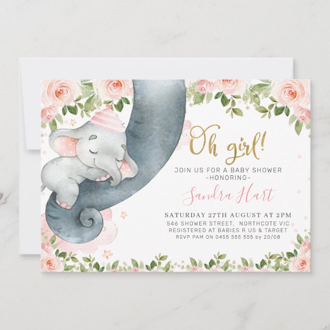 Pink Floral Girls Elephant Trunk Baby Dusche Einladung (Vorderseite)
