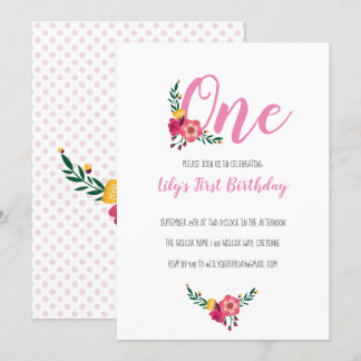 Pink Floral Girl's First Birthday Party Einladung