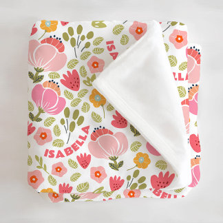 Pink Floral Girls Name Fleece Blanket