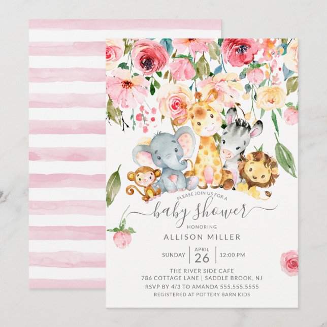 Pink Floral Girls Safari Tiere Kinderdusche Einladung (Vorne/Hinten)