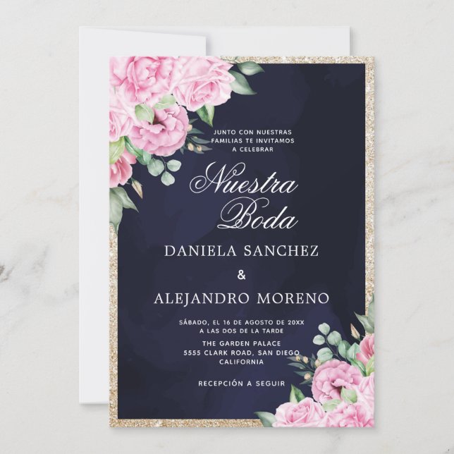 Pink Floral Glitzer Nuestra Boda Hochzeit Einladung (Vorderseite)