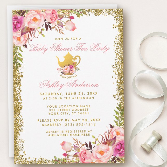 Pink Floral Gold Baby Dusche Tee Party Einladung G (Customize to change text color.)