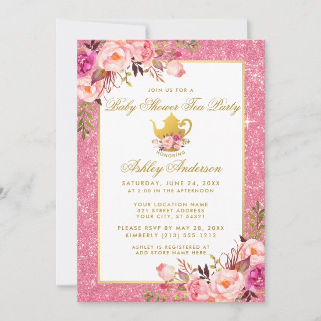 Pink Floral Gold Baby Dusche Tee Party Einladung P (Vorderseite)