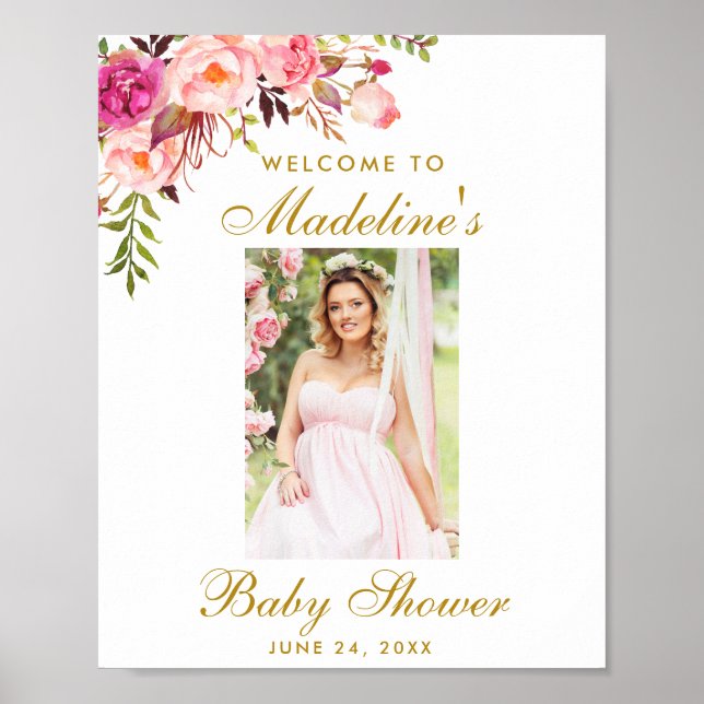 Pink Floral Gold Babydusche Begrüßungs-Foto Poster (Vorne)