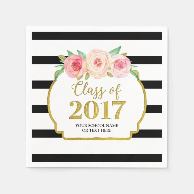 Pink Floral Gold Black Stripes 2017 Abschluss Serviette (Vorderseite)