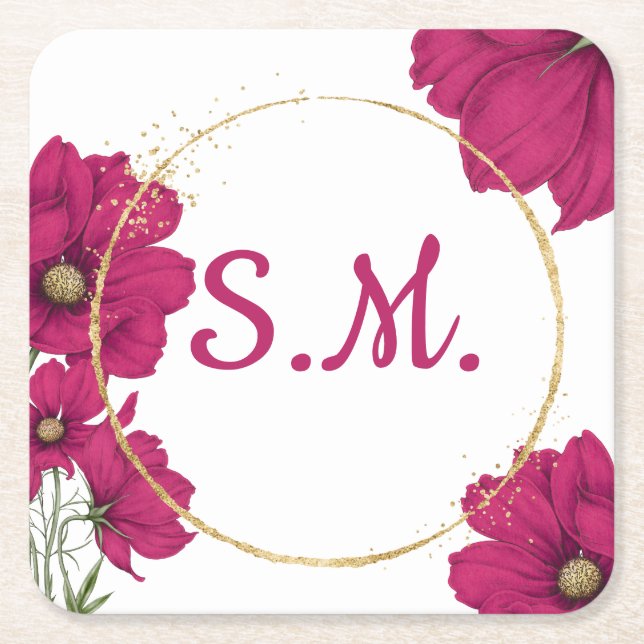 Pink Floral Gold Circle Coaster Rechteckiger Pappuntersetzer (Vorderseite)