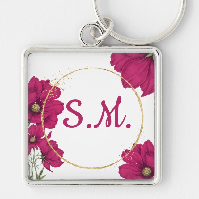 Pink Floral Gold Circle Keychain Schlüsselanhänger (Vorne)
