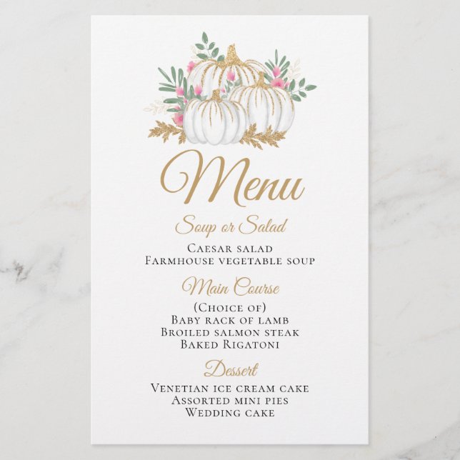 Pink Floral Gold Citrouille Menu Mariage de automn (Devant)