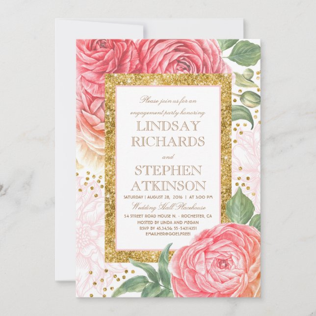 Pink Floral Gold Confetti Engagement Party Einladung (Vorderseite)